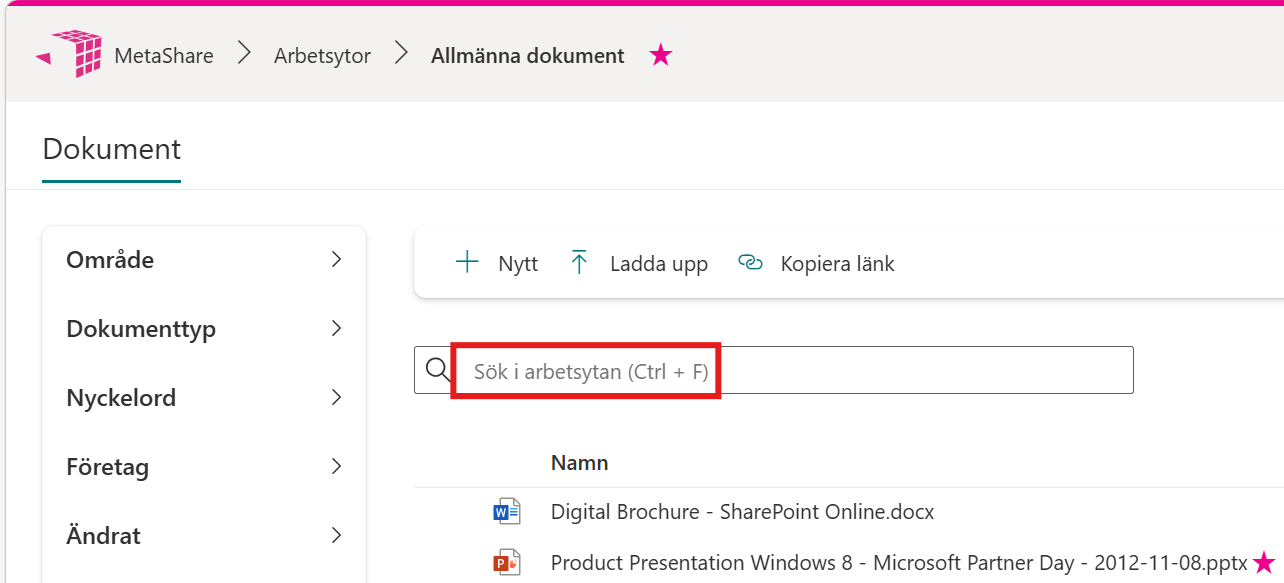Sök i arbetsytan