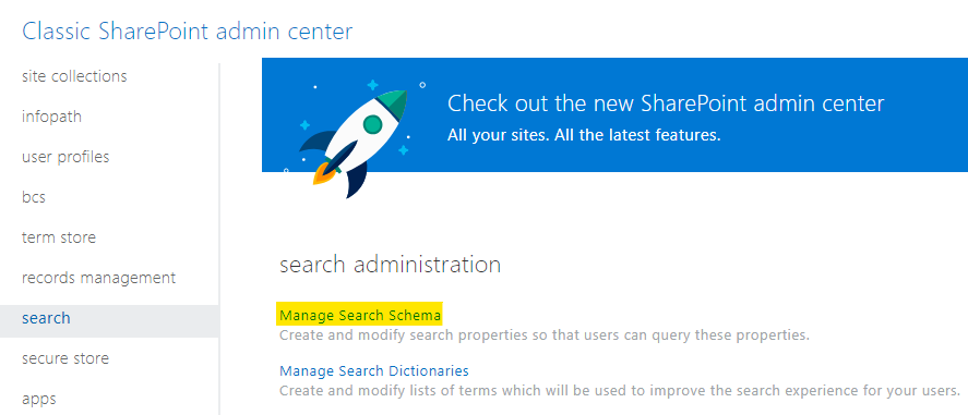 Link to the "Manage Search Schema"