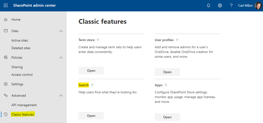 Search settings in SharePoint's Modern admin center
